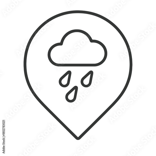 Minimalist cloud with raindrops in circular marker, black outline vector for water resources, climate tools, and weather monitoring apps.