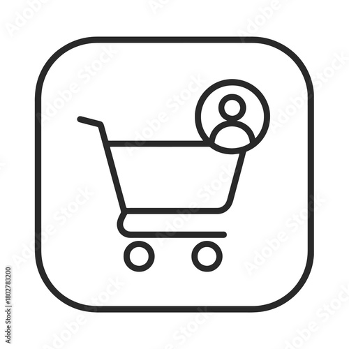 Minimalist e-commerce cart with customer marker inside pin, black outline vector for online stores, direct sales, and digital shopping platforms.