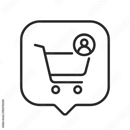 Thin line shopping cart with user icon inside rounded-square pin, black vector representing B2C purchases, consumer activity, and online retail.