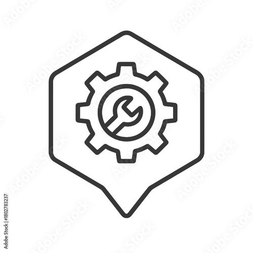 Minimalist maintenance gear outline inside hexagon marker, black vector for troubleshooting dashboards, configuration tools, and support systems.