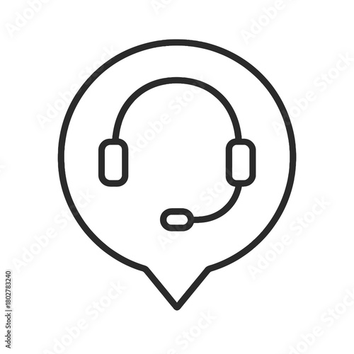 Minimalist support headset outline in circular pin, black vector for help desks, troubleshooting platforms, and real-time IT assistance.