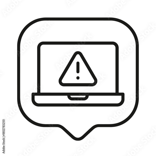 Minimalist warning laptop icon in rounded-square marker, black outline vector for troubleshooting tools, system checks, and tech support dashboards.