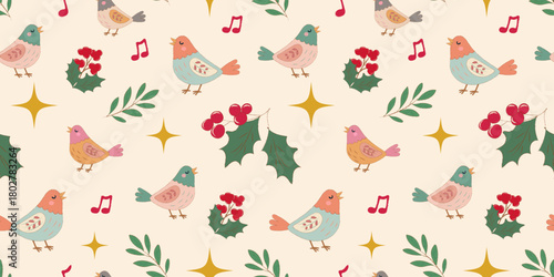 Whimsical seamless pattern featuring singing birds, holly, berries, leaves, stars, and music notes in soft festive colors. Perfect for holiday designs and seasonal decor.