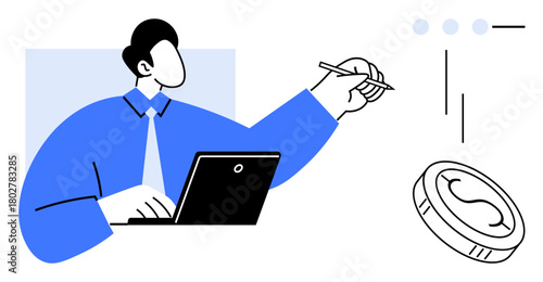 Businessperson using a laptop and pen, analyzing and noting ideas. Ideal for finance, productivity, strategy, brainstorming, management, leadership and decision-making. Simple flat metaphor