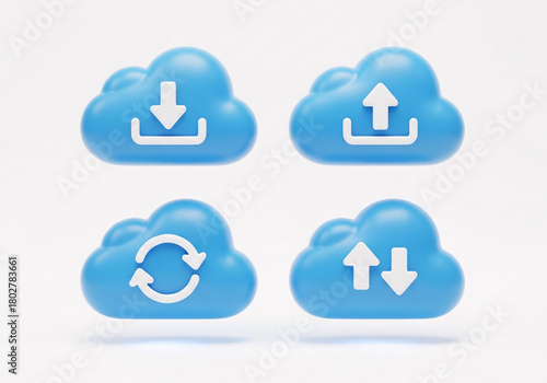 Four blue cloud icons with white arrows for download, upload, sync, and transfer, isolated on a white background. isolated on white background