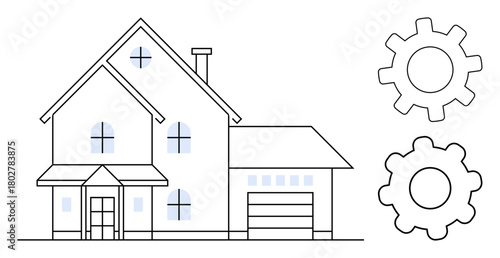 Modern house with large windows, garage, and gears symbolizing automation and technology. Ideal for technology, automation, smart home, innovation, real estate engineering future living. Simple