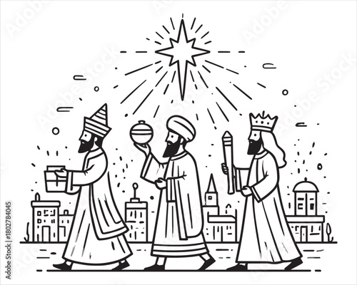 Three wise men following star carrying gifts vector