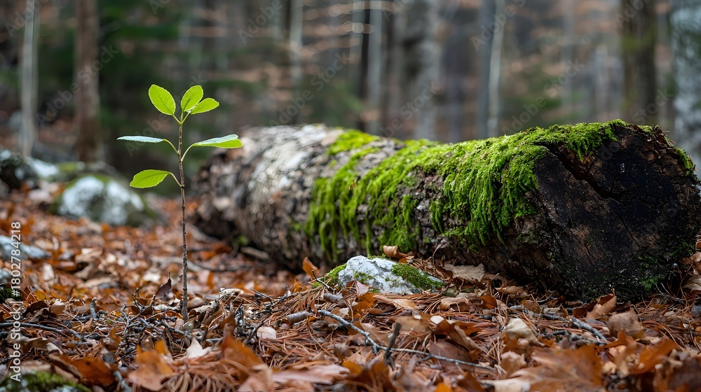 Obraz premium Young forest sapling growing beside moss log high resolution picture