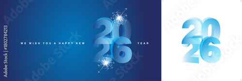 We wish you a Happy New Year 2026 with sparkle firework. Modern 3D light blue transparent glass numbers shape of 2026 on blue background