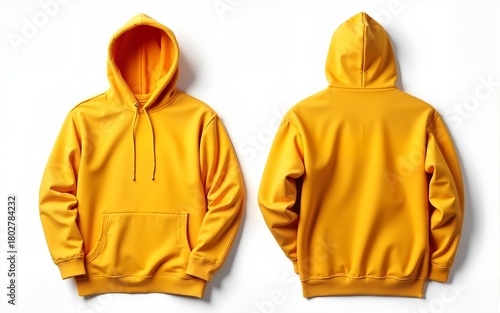 Front and back view of mustard yellow hoodie apparel. Unisex garment with long sleeves lies on plain white surface. Perfect for apparel shop online store catalog or mockup. Fashionable clothing.