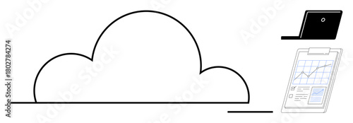 Minimalistic cloud design, connected laptop, and tablet with data graph. Ideal for technology, cloud computing, data storage, analytics, connectivity, digital solutions simple flat metaphor