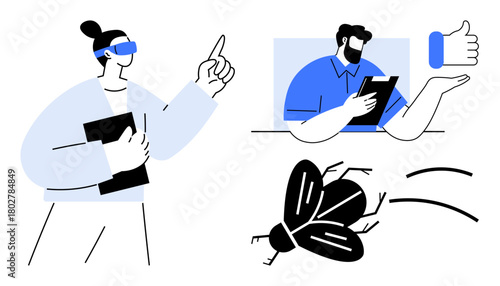 Person wearing VR headset gesturing, individual reviewing tablet, thumbs-up sign, and stylized bug graphic. Ideal for technology, innovation, feedback, creativity, futuristic design problem-solving