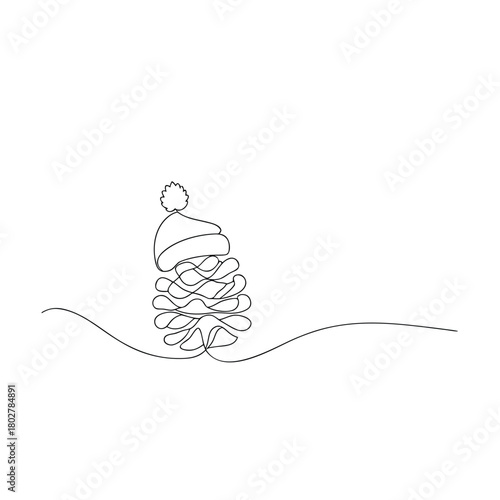 Single Line Drawing of a Pinecone with a Pom Hat Keywords: pinecone, hat, pom pom, winter