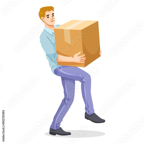 Man holding a large cardboard box in both hands, cartoon style, isolated on white background. Concept of delivery, moving, or physical labor. Vector illustration