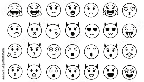 Collection of hand drawn oval faces expressing a wide range of emotions and feelings