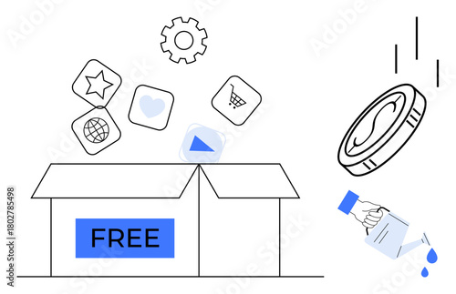 Open box labeled FREE with app icons emerging, gear symbol above, coin watering suggesting investment and growth. Ideal for development, resources, business, technology, app creation, innovation