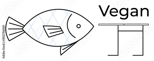 Fish outline with abstract pattern next to text reading Vegan and minimalist table icon. Ideal for dietary themes, ethical eating, health awareness, culinary choices, veganism, sustainability, or