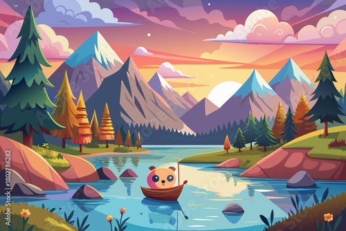 Calm lake with cute mountain faces, small boat and pastel sunset reflecting on water