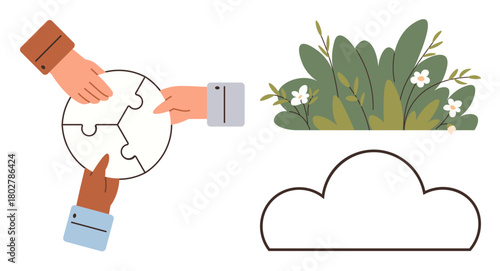 Hands aligning puzzle pieces, green foliage, and a cloud outline combine ideas of teamwork, sustainability, and digital innovation. Ideal for connection, community, cooperation, nature technology