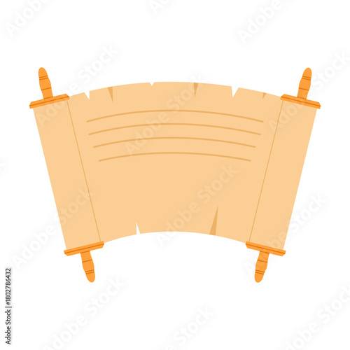 Vintage parchment scroll with golden handles. Papyrus roll. Blank ancient paper sheet for text or decoration. Flat vector illustration isolated on white background