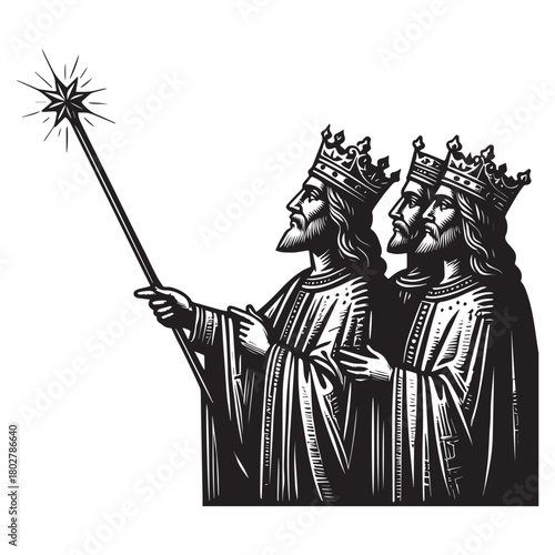 Three kings holding star staff crowns robes