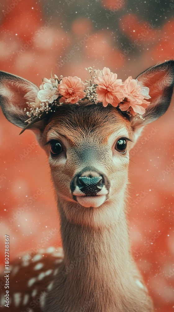 Naklejka premium A charming deer with a flower crown, set against a soft, colorful backdrop that highlights its beauty