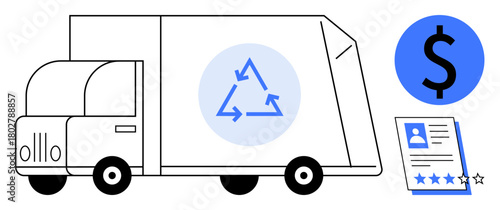 Truck featuring recycling triangle, dollar sign indicating costs or savings, and document with ratings. Ideal for recycling, logistics, eco-business, cost management, evaluation, reviews
