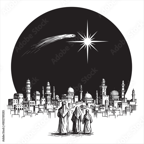 Three figures observe a star over a city people robes