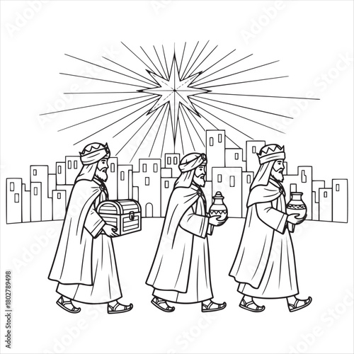 Three kings bearing gifts walk past city buildings under star walking