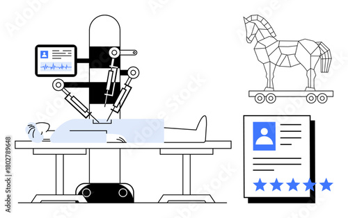 AI robot operating on patient monitored with digital interface and data indicators, showcasing cybersecurity risks thumbs up Trojan horse and identity management. Ideal for healthcare, cybersecurity