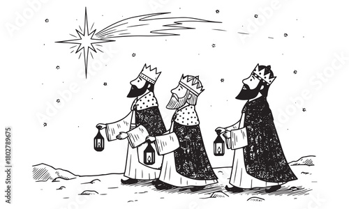 Three kings following star with lanterns comet night