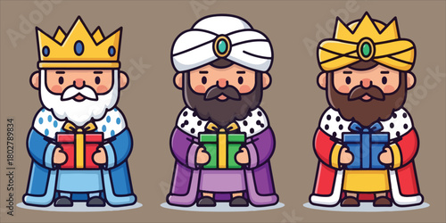 Three kings holding gifts crowns robes