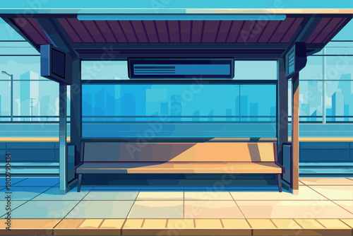 Cartoon empty bus stop in the city on a sunny day, public transport, city life, vector illustration
