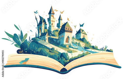 cartoon fairy tale castle on a hill growing out of an open book surrounded by trees and bushes with towers and flags, vector illustration