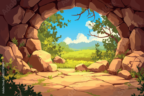 Cartoon fairytale exit from a cave onto a green lawn with a forest in the distance, stone cliff, round exit, bushes, vector illustration