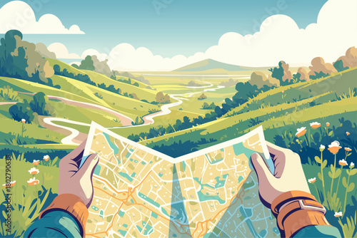 Cartoon hands holding map in hilly terrain, roads and rivers, tourism, hiking, travel, mountains and hills, summer, vector illustration
