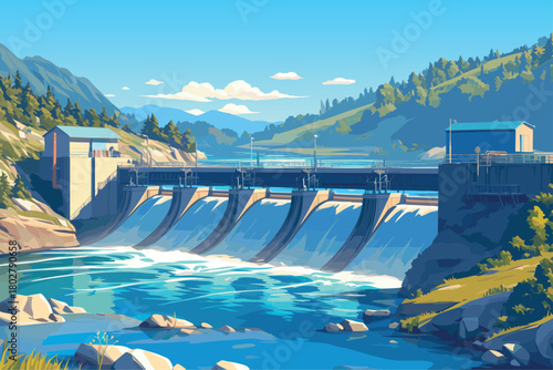 Cartoon hydroelectric power station on a dam on a river in a mountainous area, green electricity, energy generation, technology, vector illustration