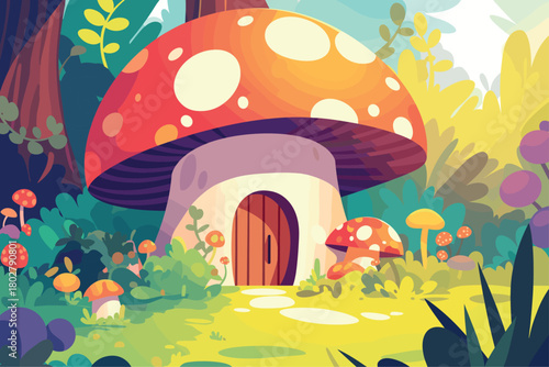 Cartoon mushroom house in the forest in summer, among grass, bushes and trees, forest lawn, vector illustration