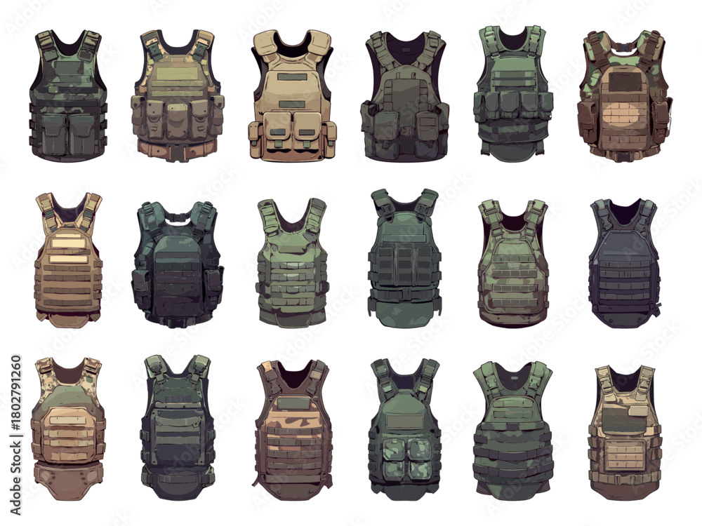 Naklejka premium Set of cartoon bulletproof vests of different designs and shapes, military clothing, modern armor, vector illustration
