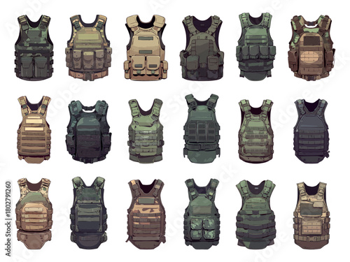 Set of cartoon bulletproof vests of different designs and shapes, military clothing, modern armor, vector illustration