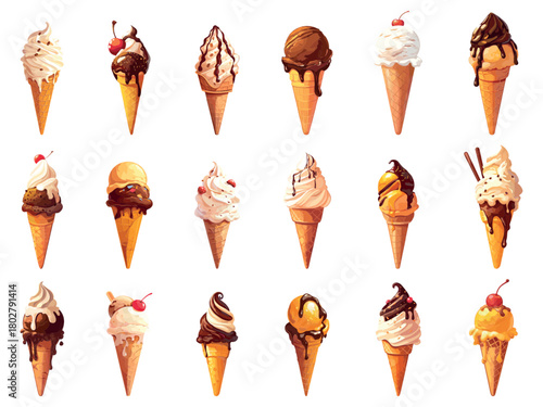 Set of cartoon different ice creams with different flavors and fruits, dessert, waffle cone, vector illustration