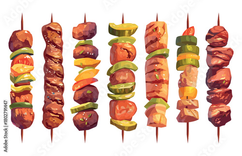 Set of cartoon kebabs, grilled meat and vegetables on sticks, barbecue shashlik, tomatoes, cucumbers, onions and peppers, vector illustration