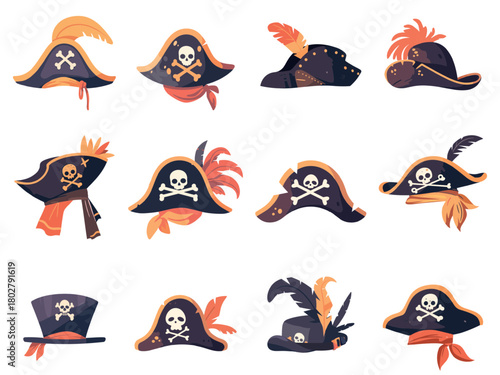 Set of cartoon pirate hats with different accessories, feathers, belts, scarves. Various shapes and models, vector illustration