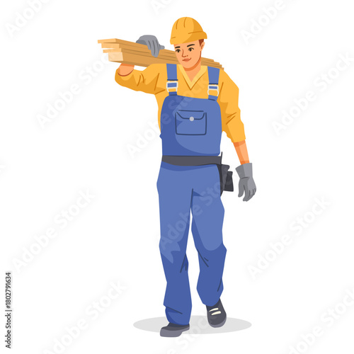 Builder in blue overalls and yellow helmet holding planks on shoulder, flat graphic style on white background. Concept of construction work. Vector illustration