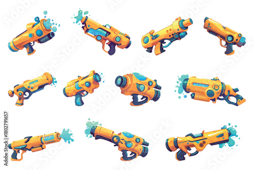 Set of cartoon plastic childrens water blasters, summer fun, flying water, vector illustration