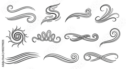 Collection of abstract swirling and linear decorative elements in a sketchy black and white style