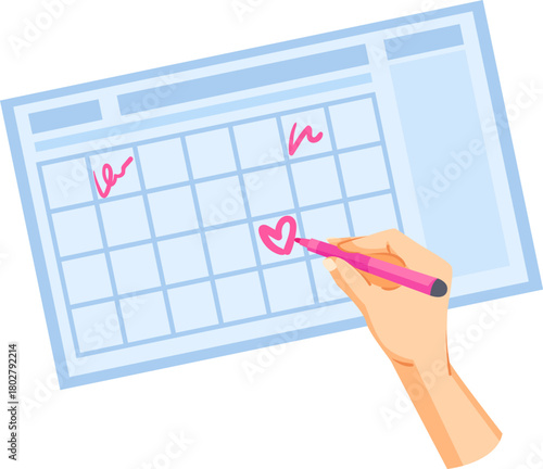 A hand drawing a pink heart on a calendar using a marker, in flat graphic style, on a white background. Concept of planning, scheduling and reminder. Vector illustration