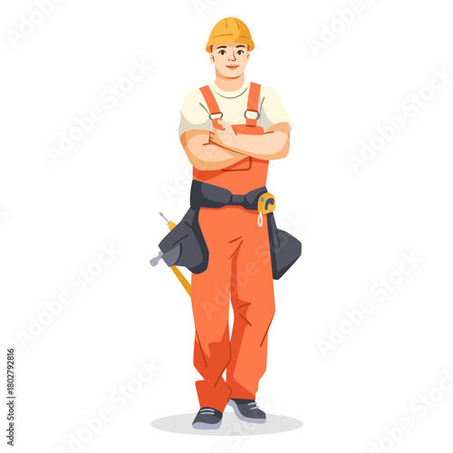 Male construction worker wearing orange overalls and a yellow helmet, standing confidently with arms crossed, on white background. Concept of labor and industry. Vector illustration
