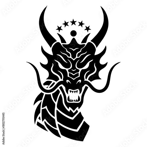 Majestic Black Dragon Head with Five Stars Silhouette Vector Illustration, Ancient Mythical Creature Graphic