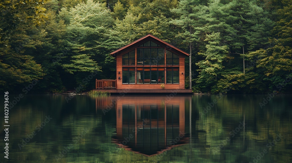 Obraz premium Wooden cabin reflected in a serene lake surrounded by lush green forest